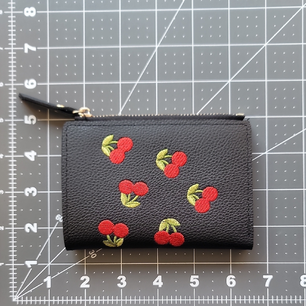 Elegant Black Cherry Embroidered Card Holder Wallet And Coin Purse